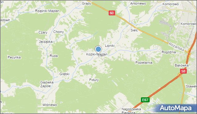 mapa Koziki, Koziki gmina Ostrów Mazowiecka na mapie Targeo